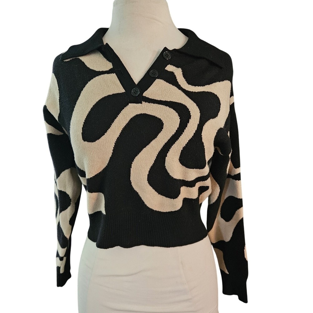 Cider Women's Cropped‎ Sweater Size S Black Tan Long Sleeve Collared